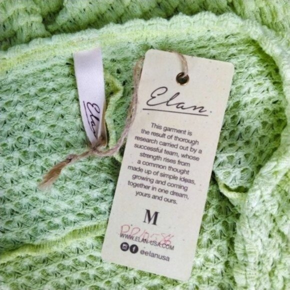 Elan Open Weave Crochet Look Notched Neckline Long Sleeve Top Lime Size Medium - Picture 6 of 8